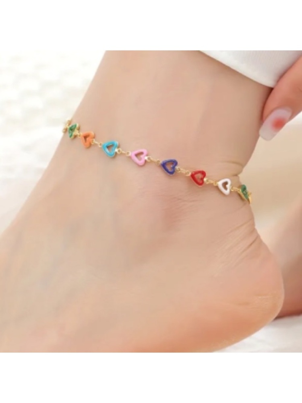 Multicolored Heart Gold Toned Anklet